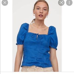 H&M linen cornflower blue puff sleeve top